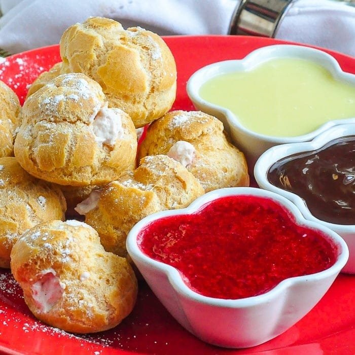 Raspberry Cream Profiteroles with 3 Dipping Sauces, perfect for sharing !
