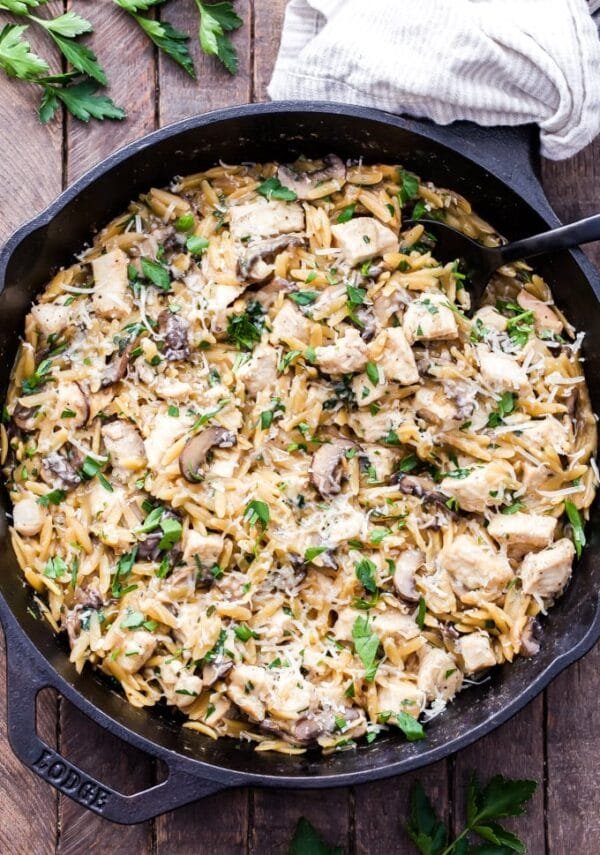 Parmesan Chicken Mushroom and Orzo Skillet