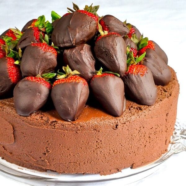 Chocolate Fudge Cake with Chocolate Truffle Dipped Strawberries. YUM!