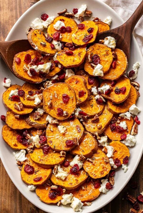 Roasted Sweet Potatoes with Goat Cheese and Cranberries